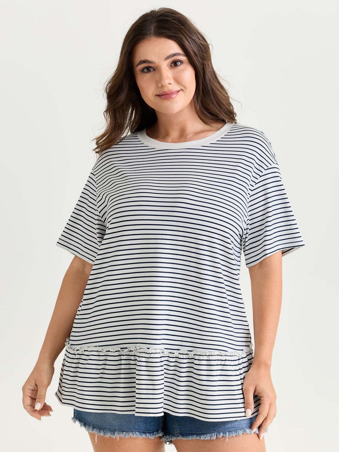 Striped Print Ruffled Hem Long T-Shirt