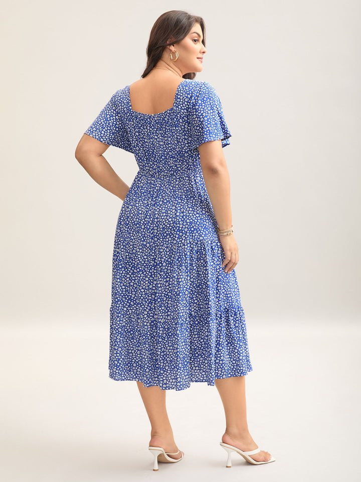 Ditsy Floral Sweetheart Drawstring Pocket Tiered Dress