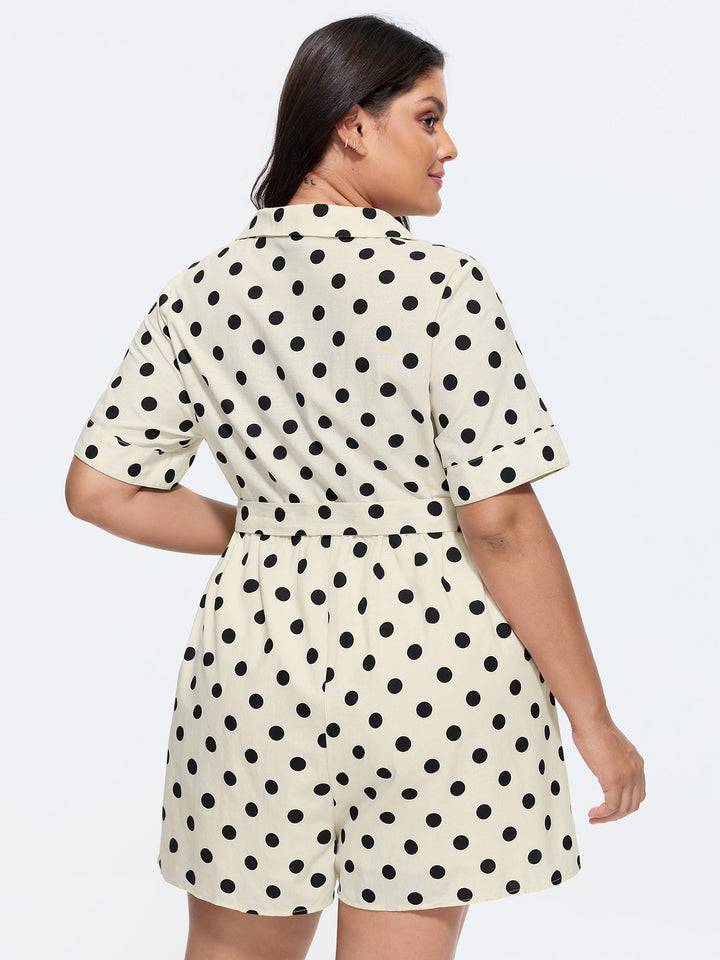 Cotton Linen Polka Dots Side Tie Collared Romper