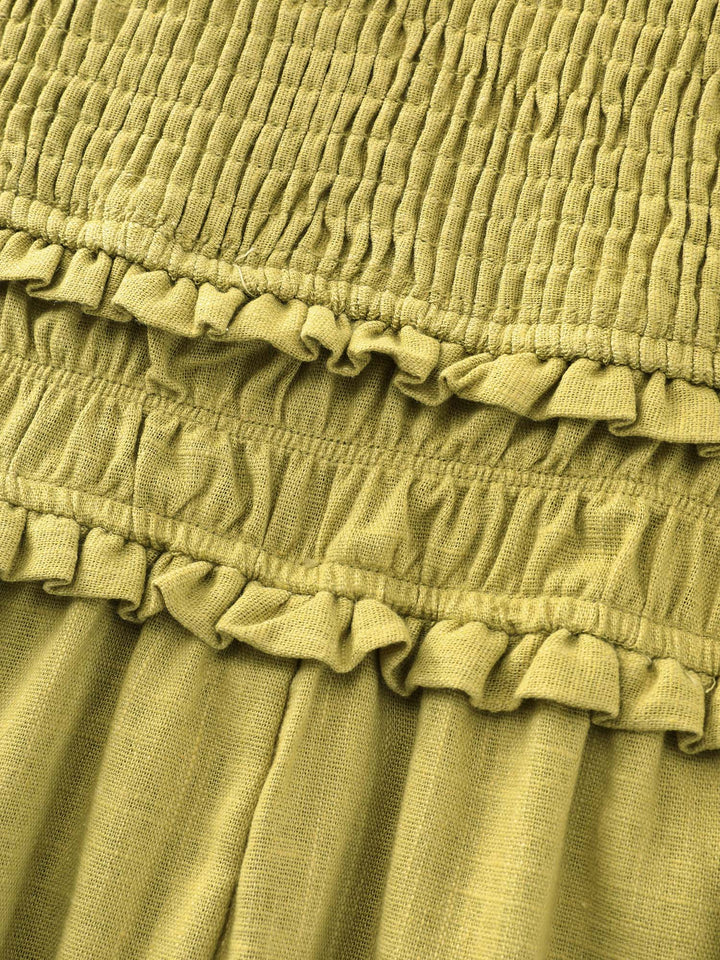 Cotton Linen Ruffle Trim Shirred Waist Cami Maxi Dress