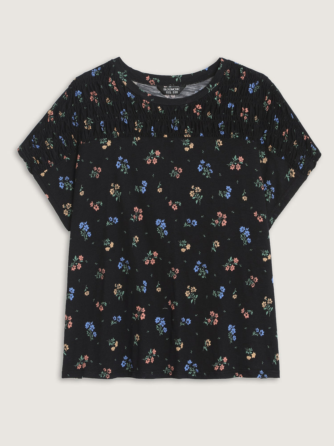 Cotton Floral Print Shirred Half-Sleeve T-Shirt
