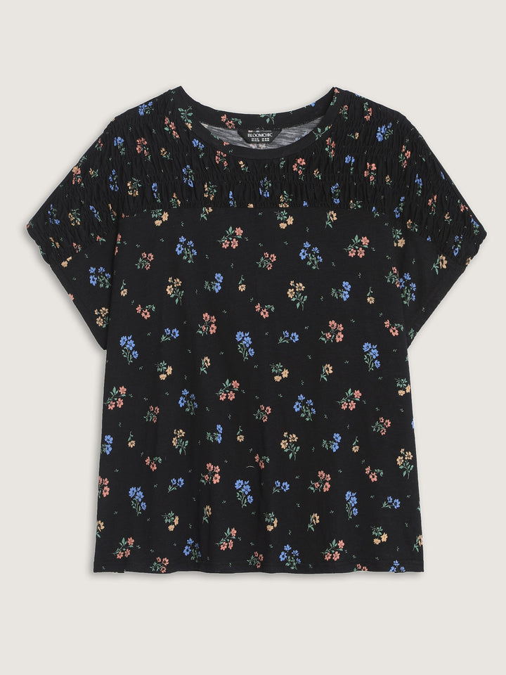 Cotton Floral Print Shirred Half-Sleeve T-Shirt