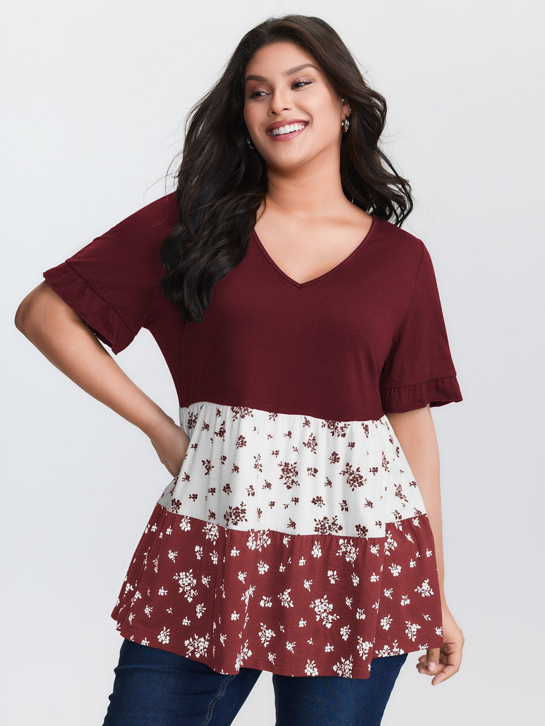 Color Contrast Floral Print Tiered Top