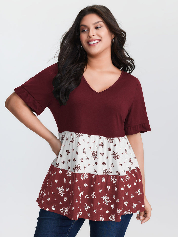 Color Contrast Floral Print Tiered Top