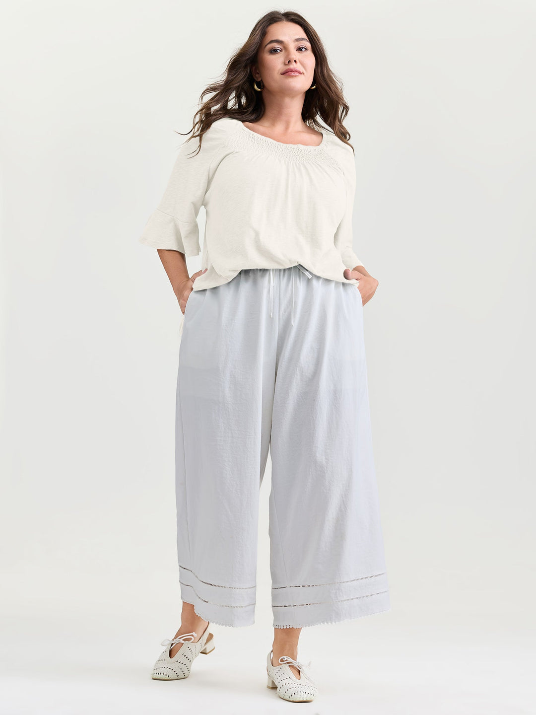 Ruffled Sleeve Shirred Neckline Plain Top