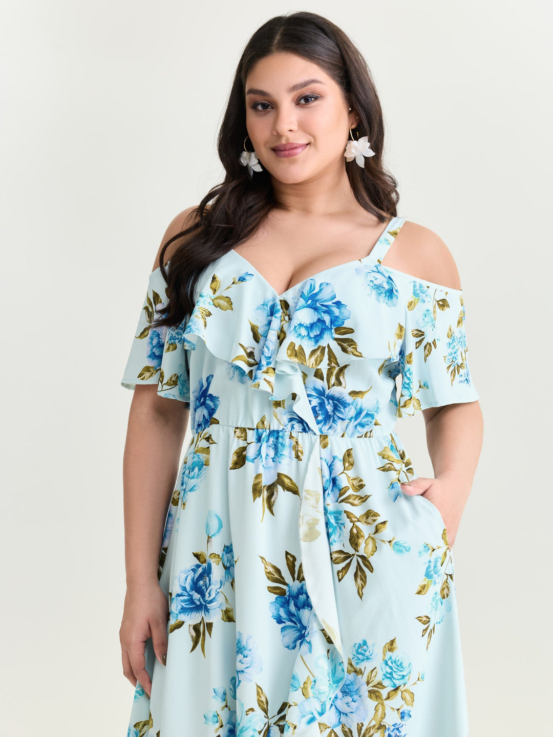 Floral Print Ruffled Cold-Shoulder Midi Dress