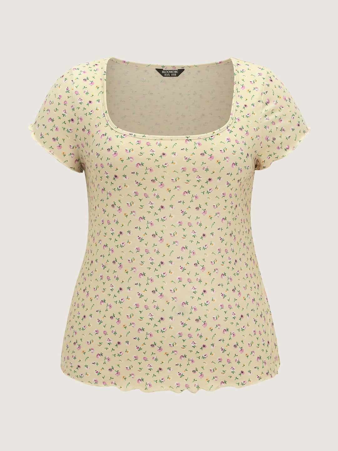 Stretchy Floral Print Square Neckline T-Shirt