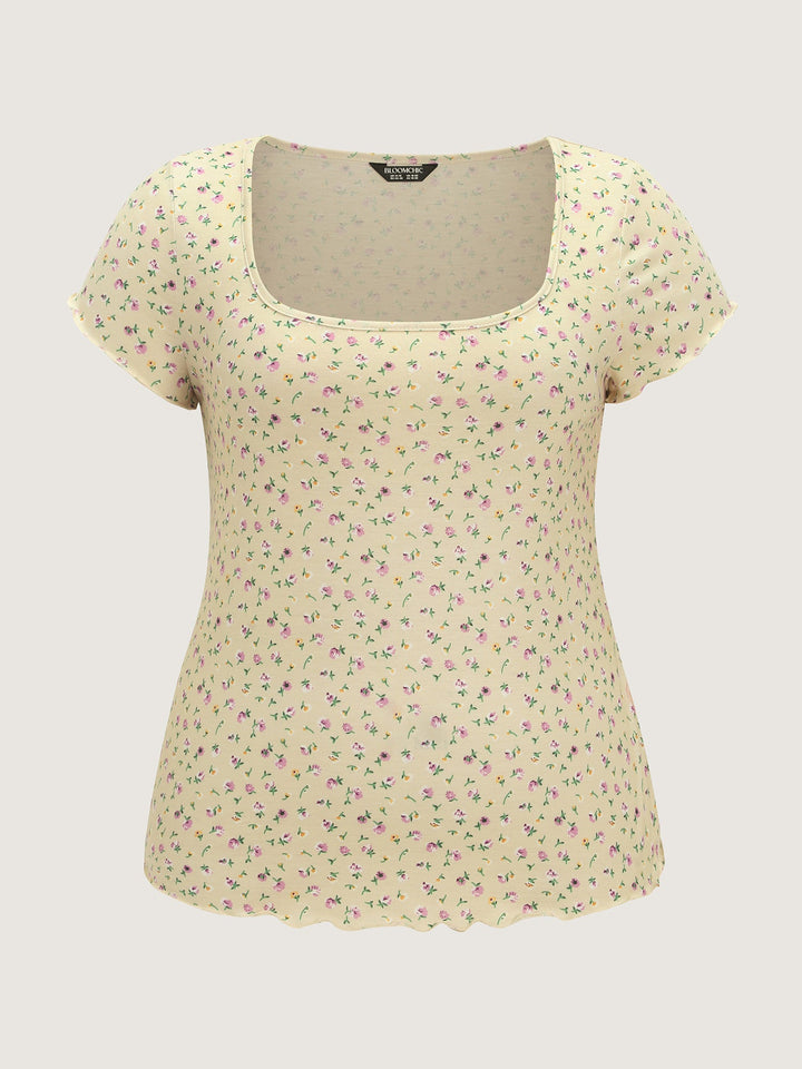 Stretchy Floral Print Square Neckline T-Shirt