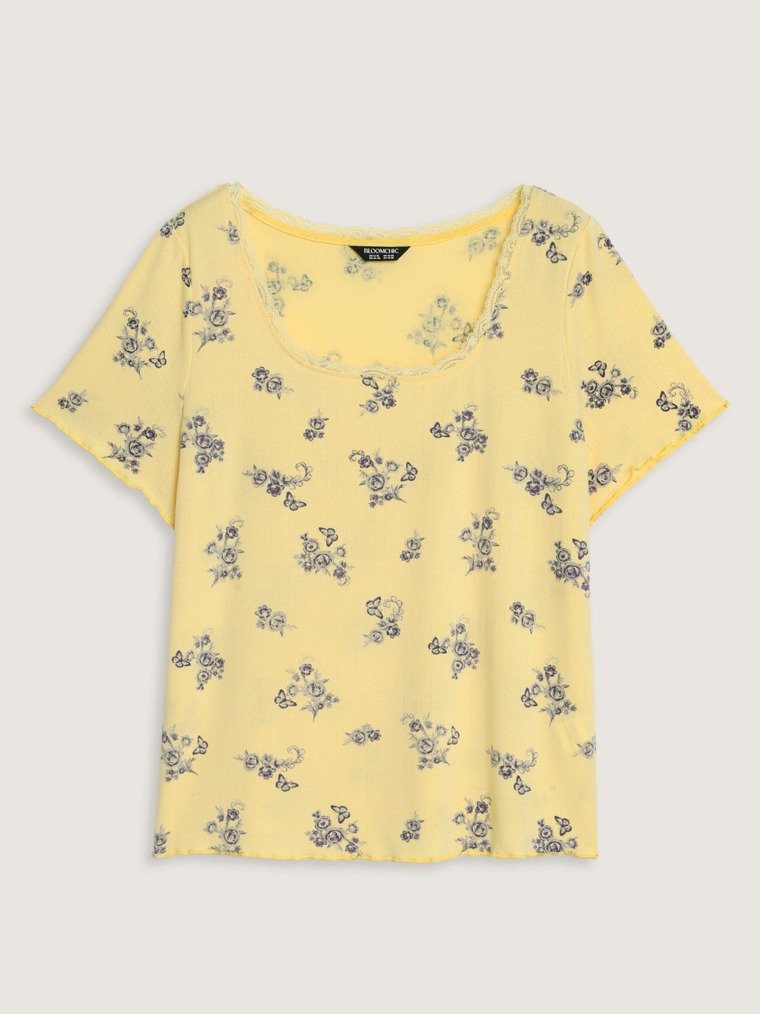 Floral Print Lace Round Neck T-Shirt