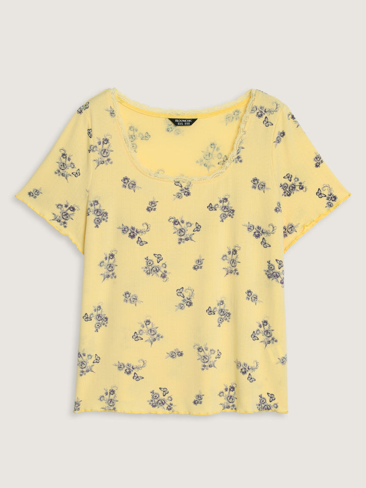 Floral Print Lace Round Neck T-Shirt