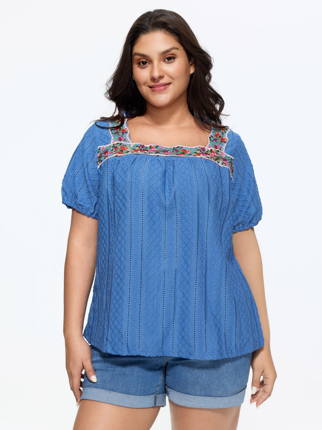 Eyelet Trim Floral Embroidered Solid T-Shirt