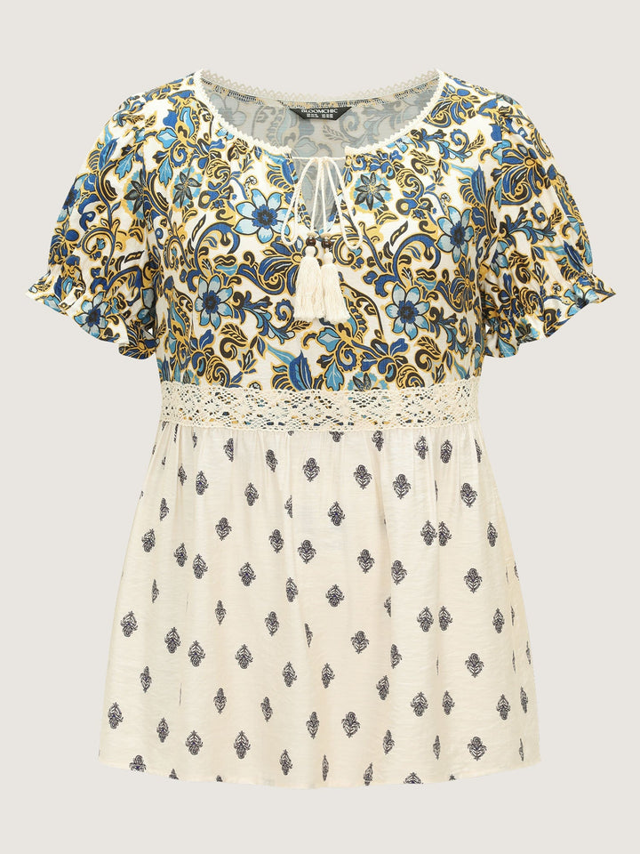 Floral Print Lace Neckline Flowy Blouse