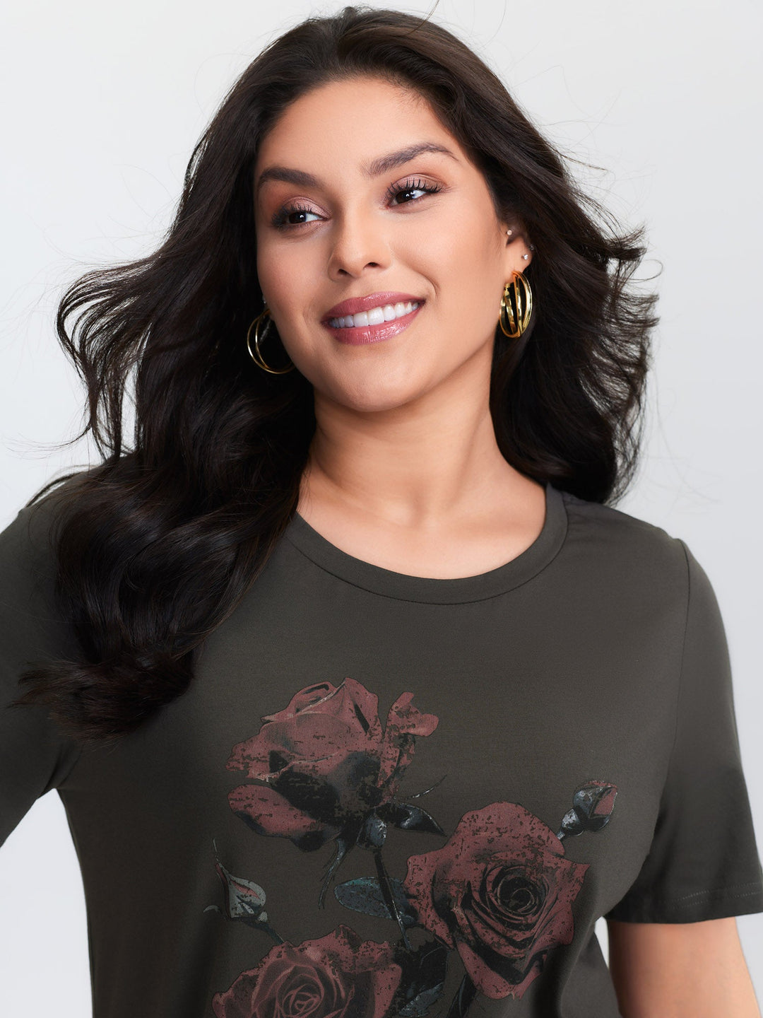Rose Print Distressed Wash T-Shirt