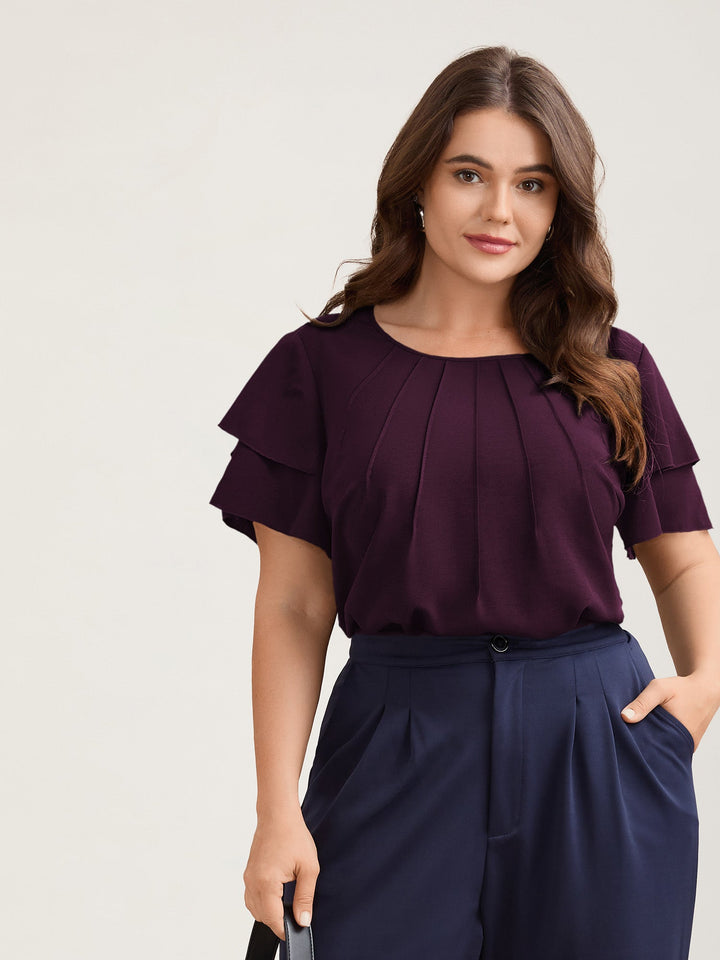Toothpick Pleat Layered Flutter Sleeve Blouse