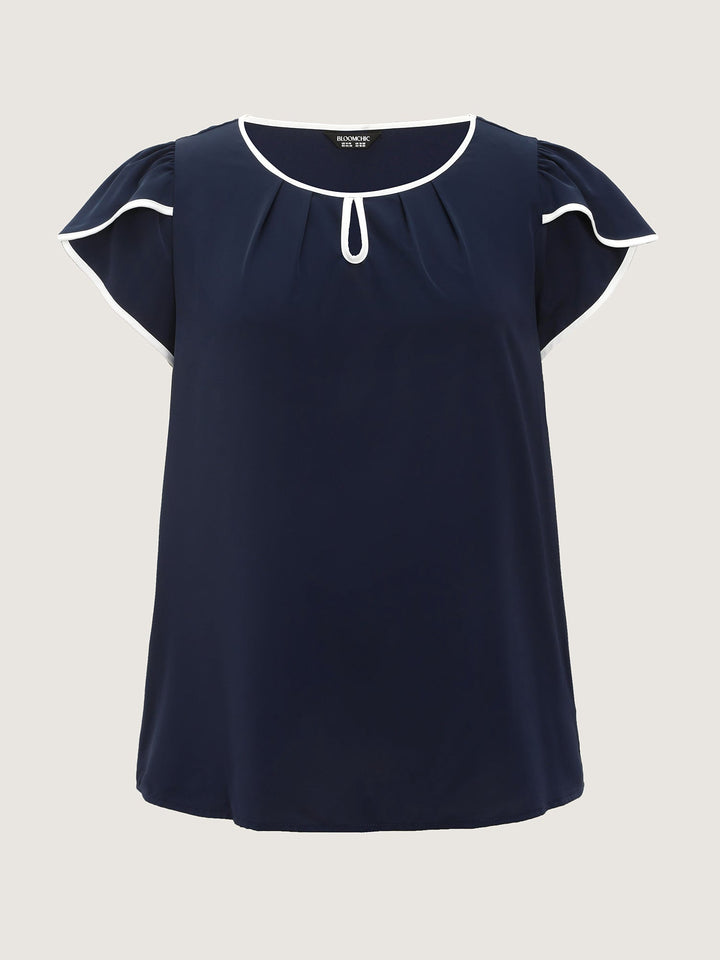 Petal Sleeve Color Contrast Plain Blouse