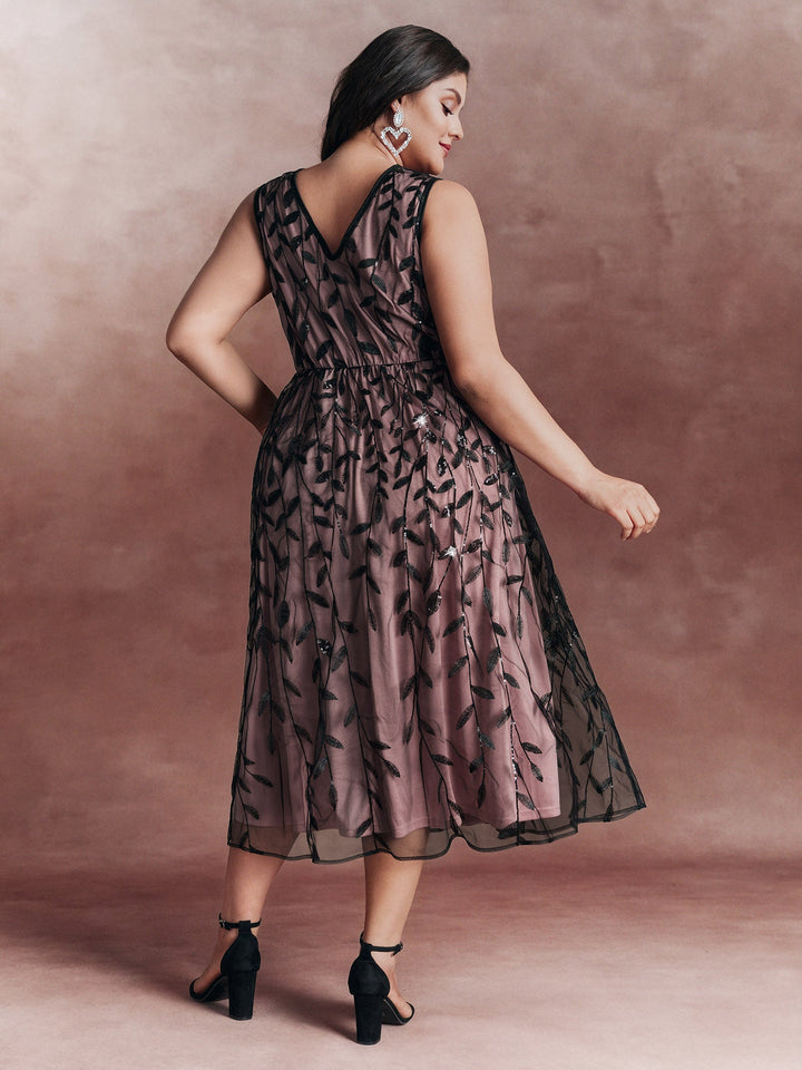 Sequin Embroidery Color Contrast V-Neck Midi Dress