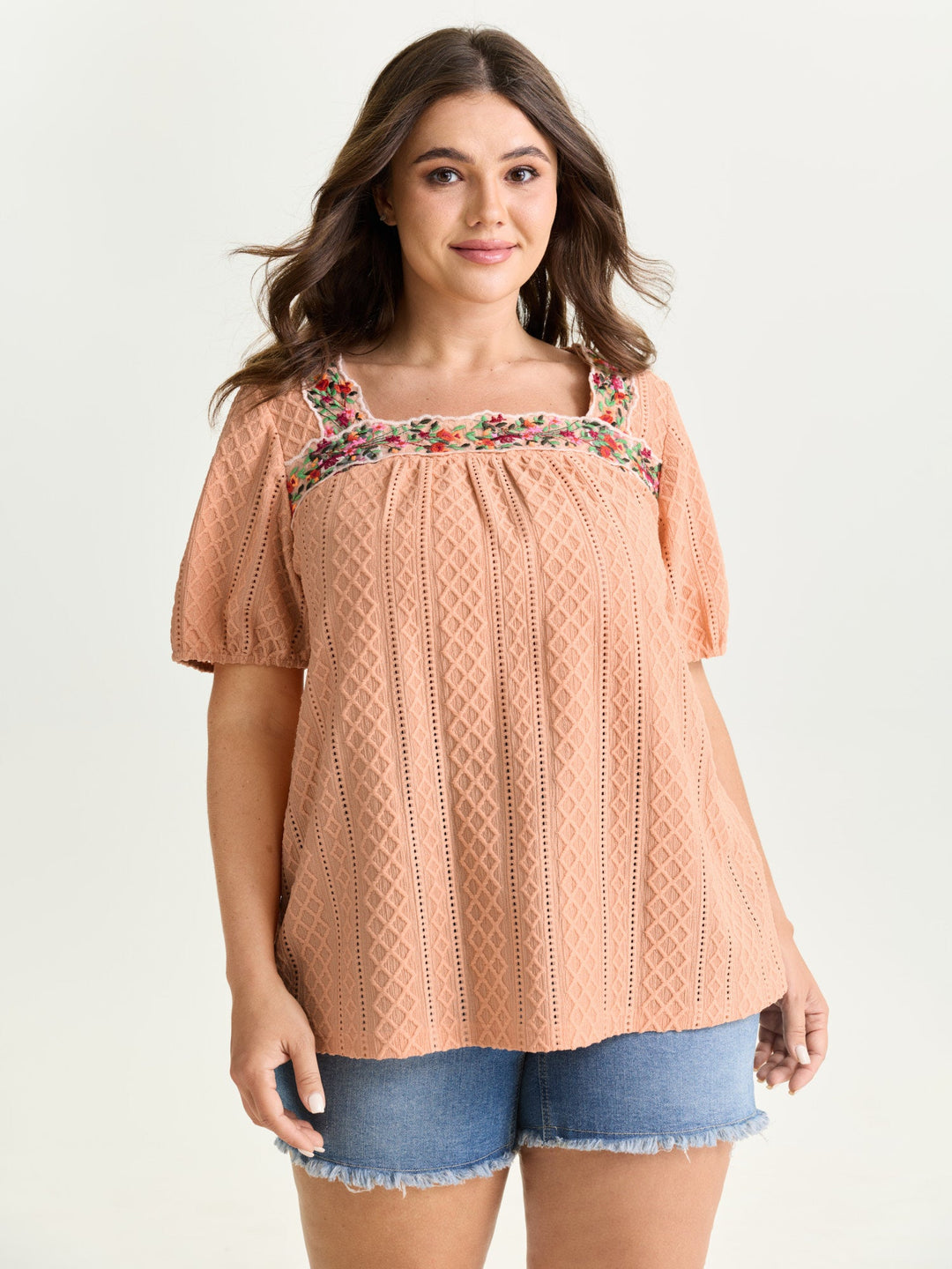 Eyelet Trim Floral Embroidered Solid T-Shirt