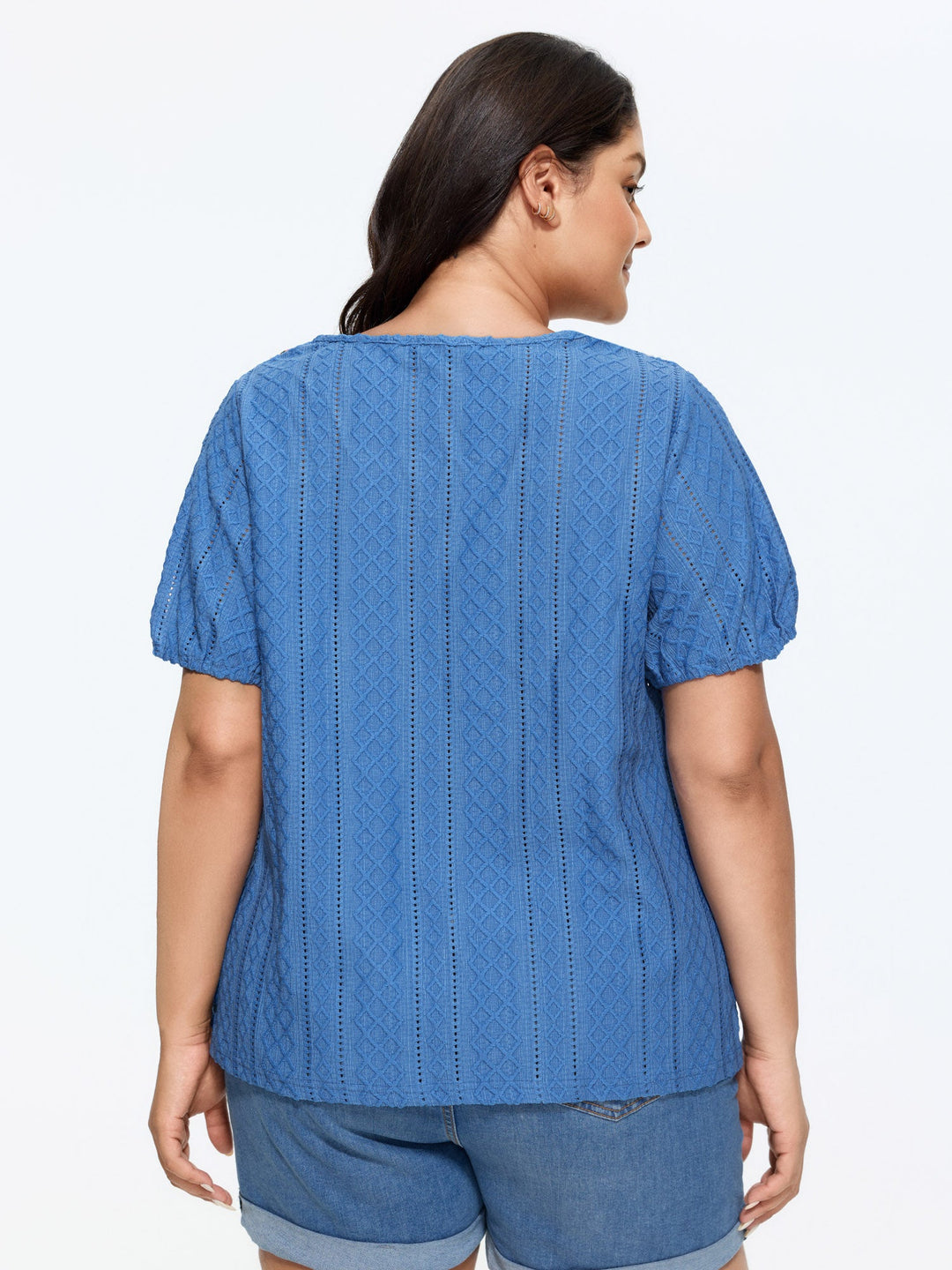 Eyelet Trim Floral Embroidered Solid T-Shirt