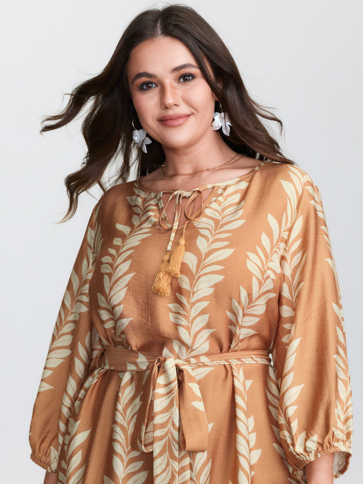 Leaf Print Waist-Tie Round Neck Mini Dress