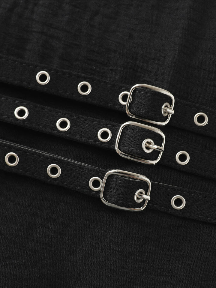 Wide Straps Belted Buckle Detail Midi Dress