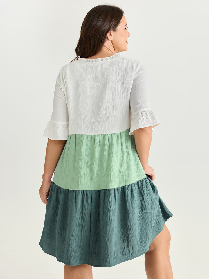 Colorblock Drawstring Neckline Tiered Mini Dress