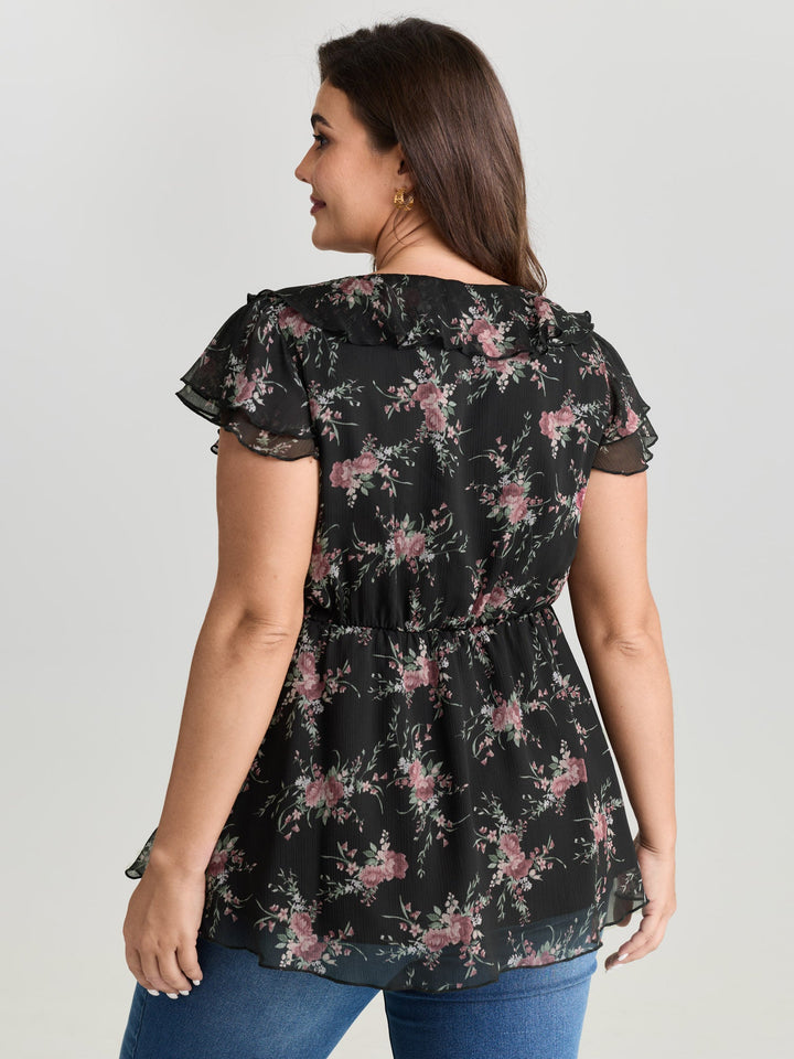 Romantic Floral Print Layered Ruffled Sleeve Blouse