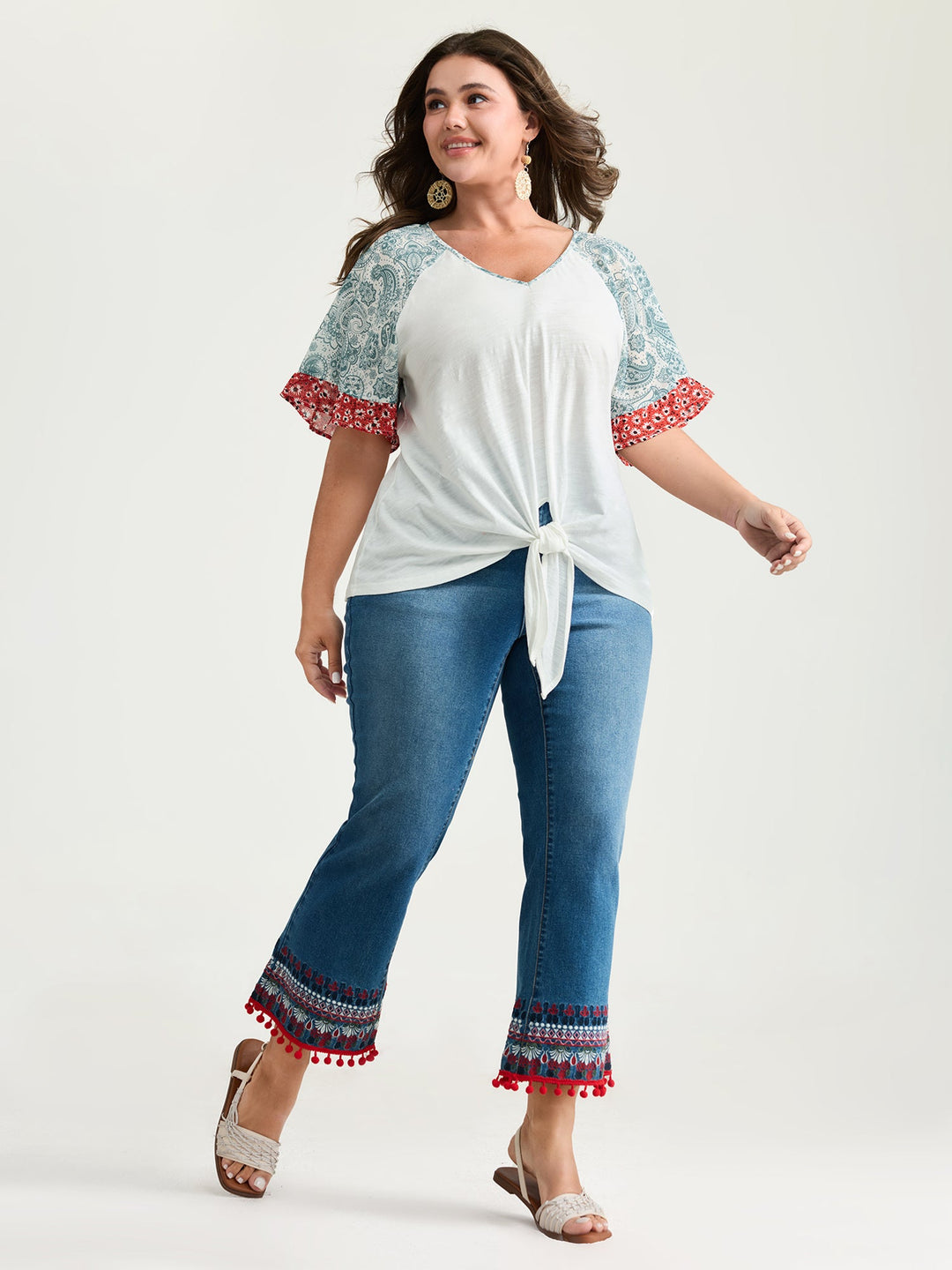 Pure Cotton Floral Sleeve Knotted T-Shirt