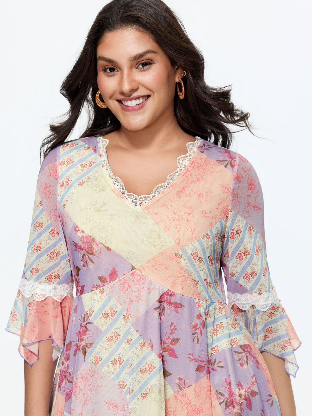 Floral Print Lace Asymmetrical Hem Blouse