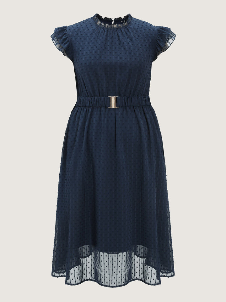 Textured Sheer Ruffled Mock Neckline Midi Dress