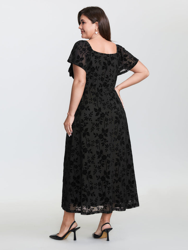 Floral Textured Jacquard Slit Hem Maxi Dress