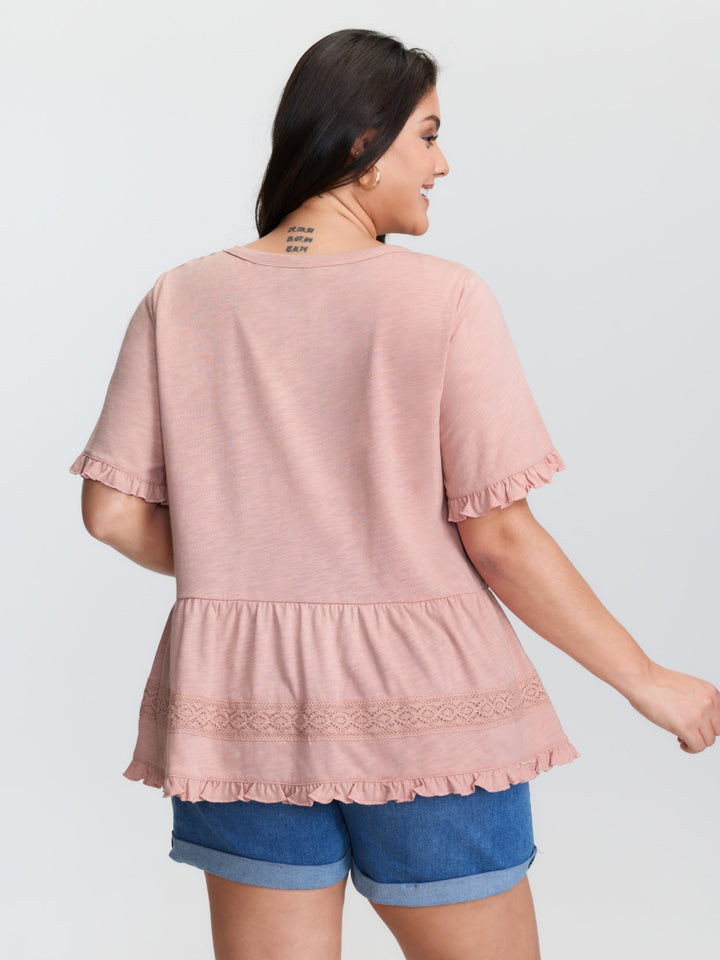Lace Trim Ruffled Hem Plain Knit Top