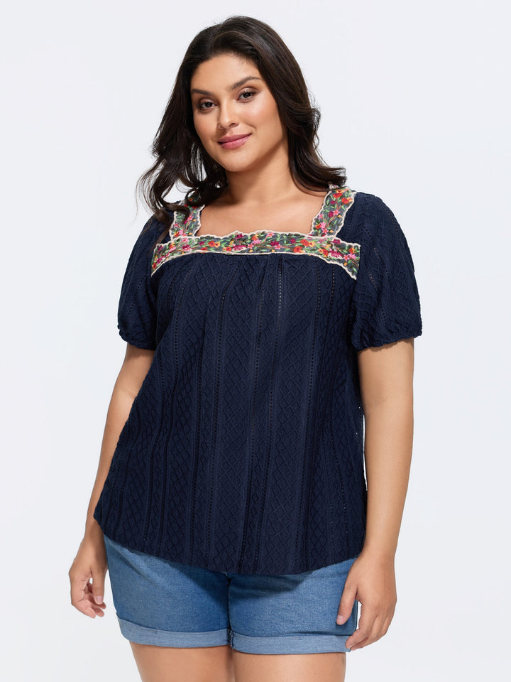 Eyelet Trim Floral Embroidered Solid T-Shirt