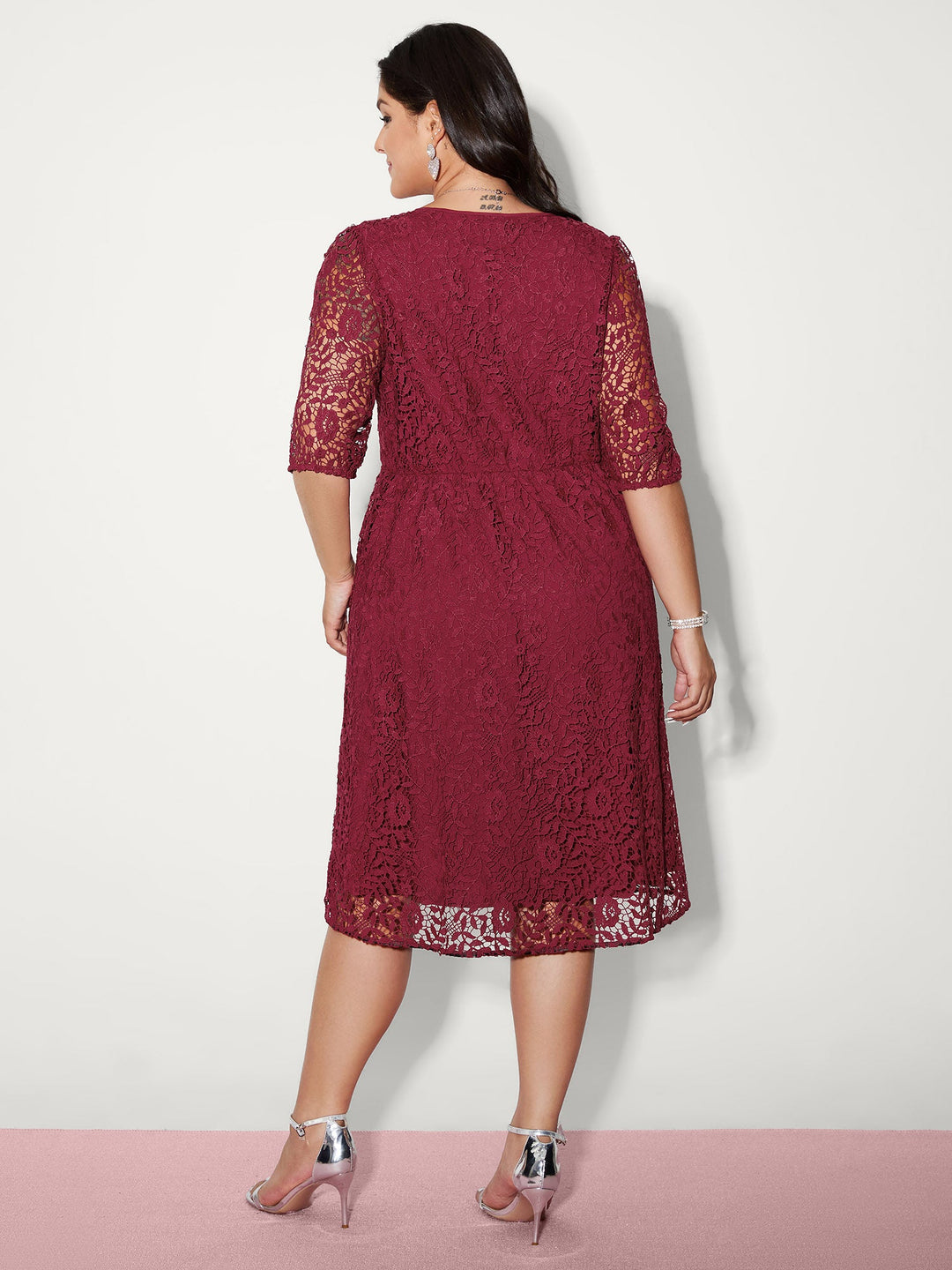 Romantic Lace Trim Puff Sleeve Midi Dress