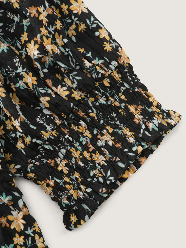 Micro Floral Print Shirred Cuff Mini Dress