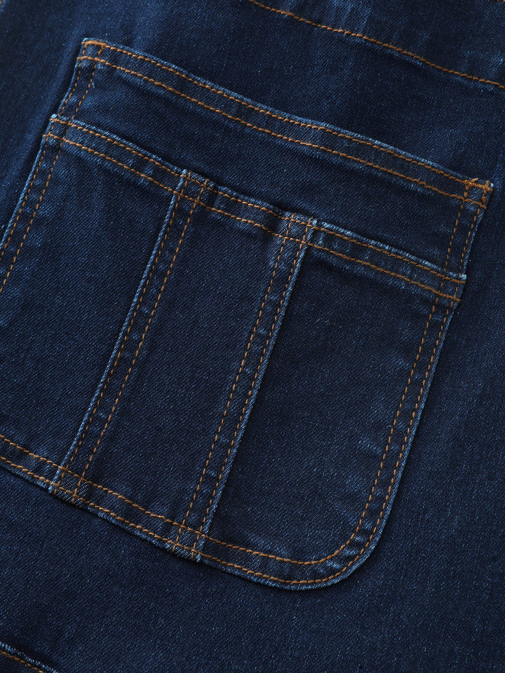 Stretchy Straight-Leg Denim Overall Jumpsuit