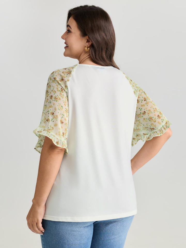Sheer Floral Print Ruffled Cuff Sleeve Top
