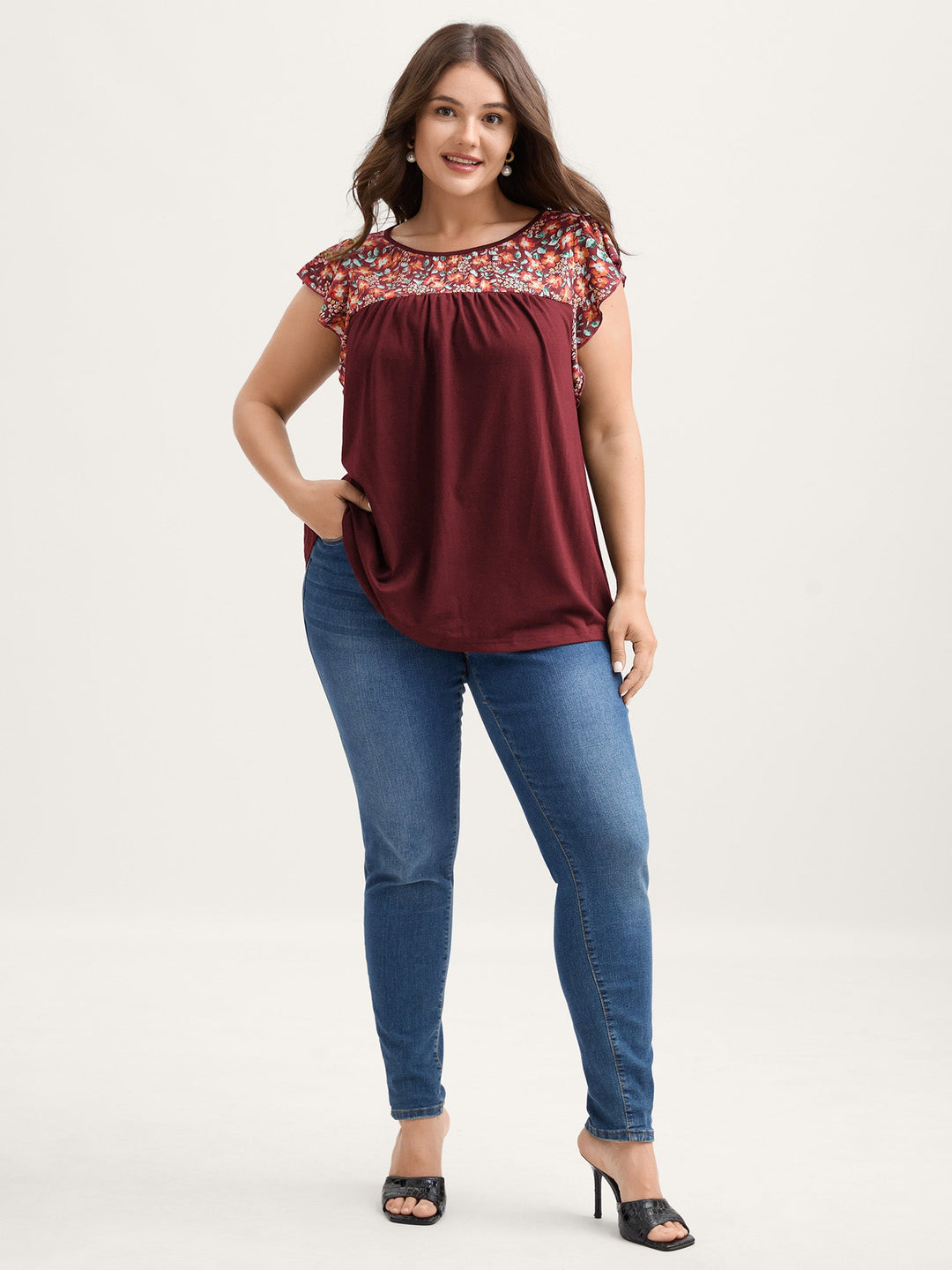 Floral Neckline Flutter Sleeve Contrast T-Shirt
