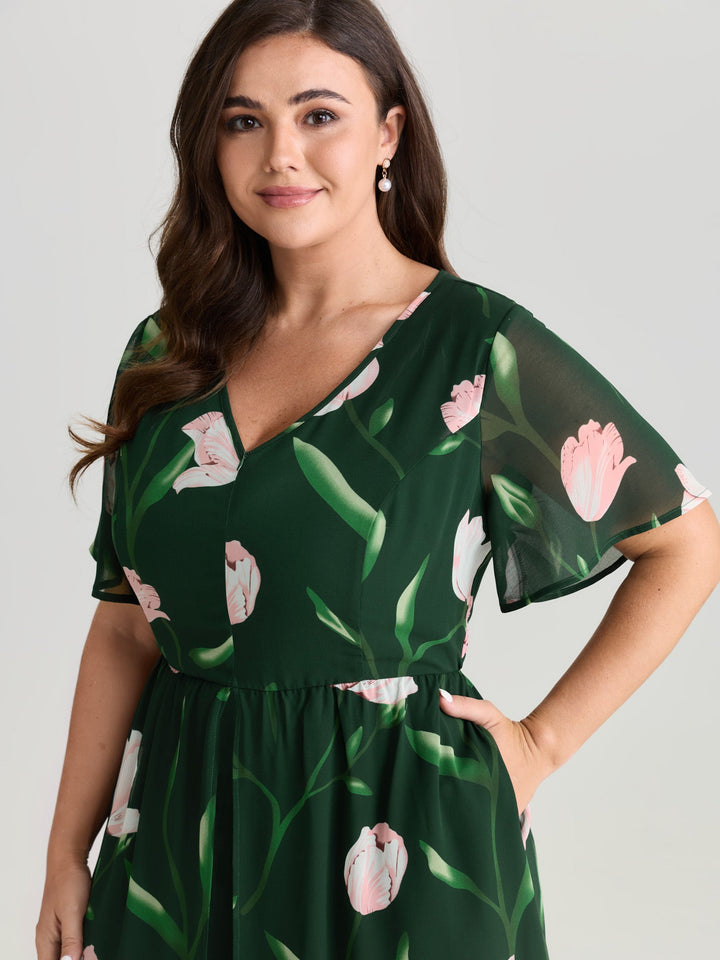 Hidden Zipper Floral Layered Pockets Jumpsuit