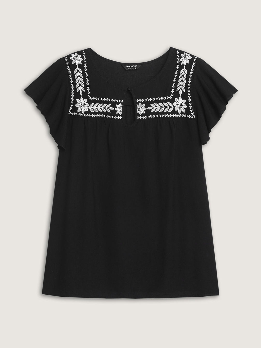 Embroidered Neckline Flutter Sleeve Blouse
