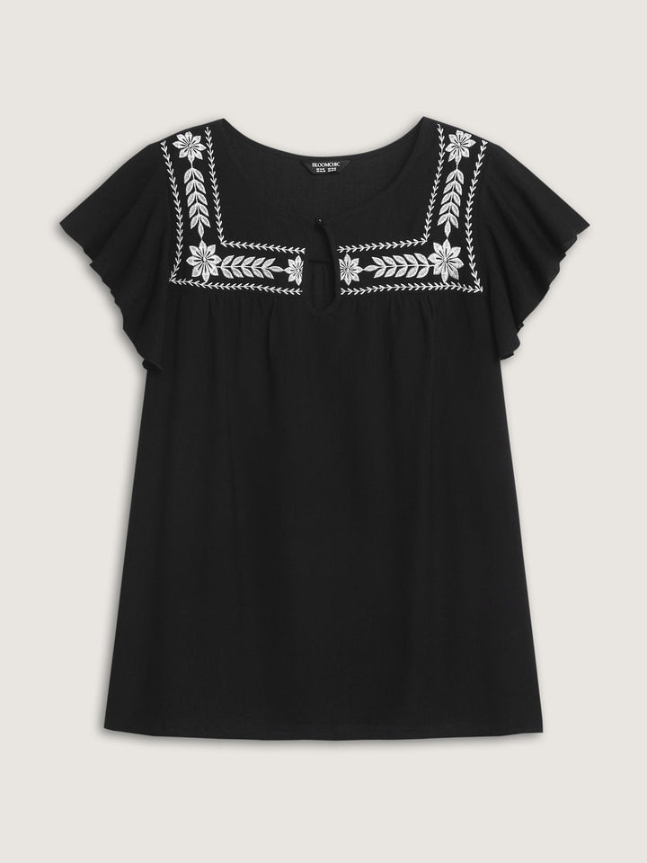 Embroidered Neckline Flutter Sleeve Blouse