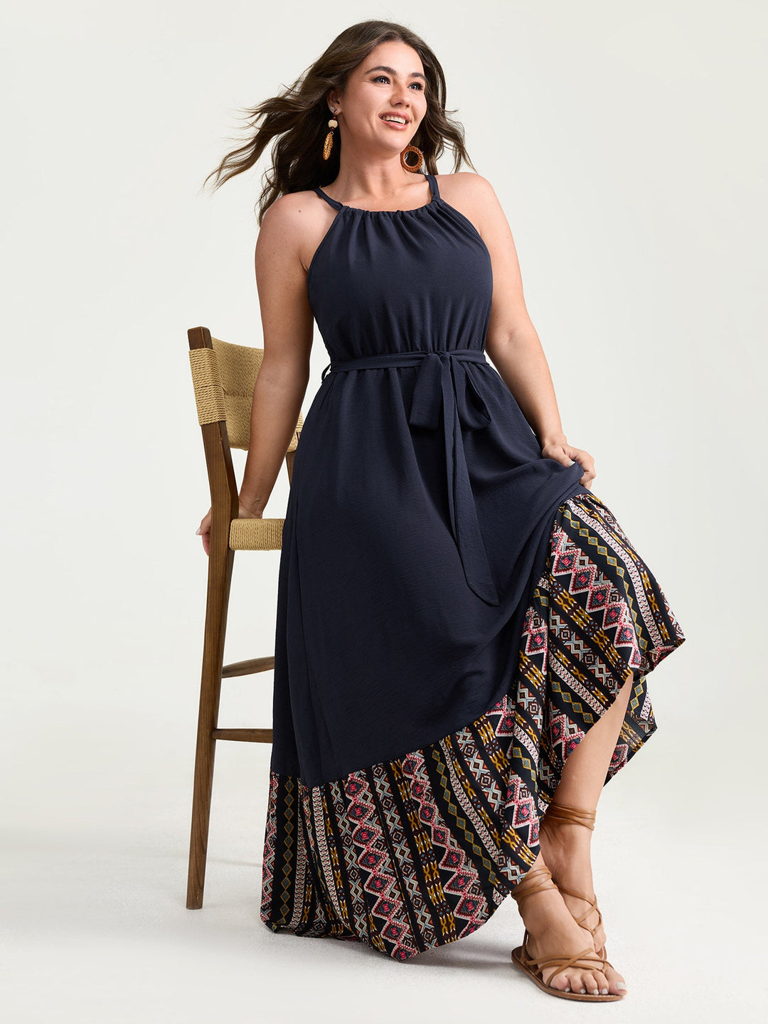 Colorful Boho Striped Hem Halter Neck Maxi Dress