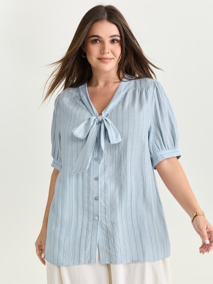 Cotton Bowknot Neckline Button-Down Blouse