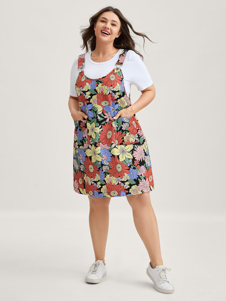 Floral Print Textured Overall Straps Dress