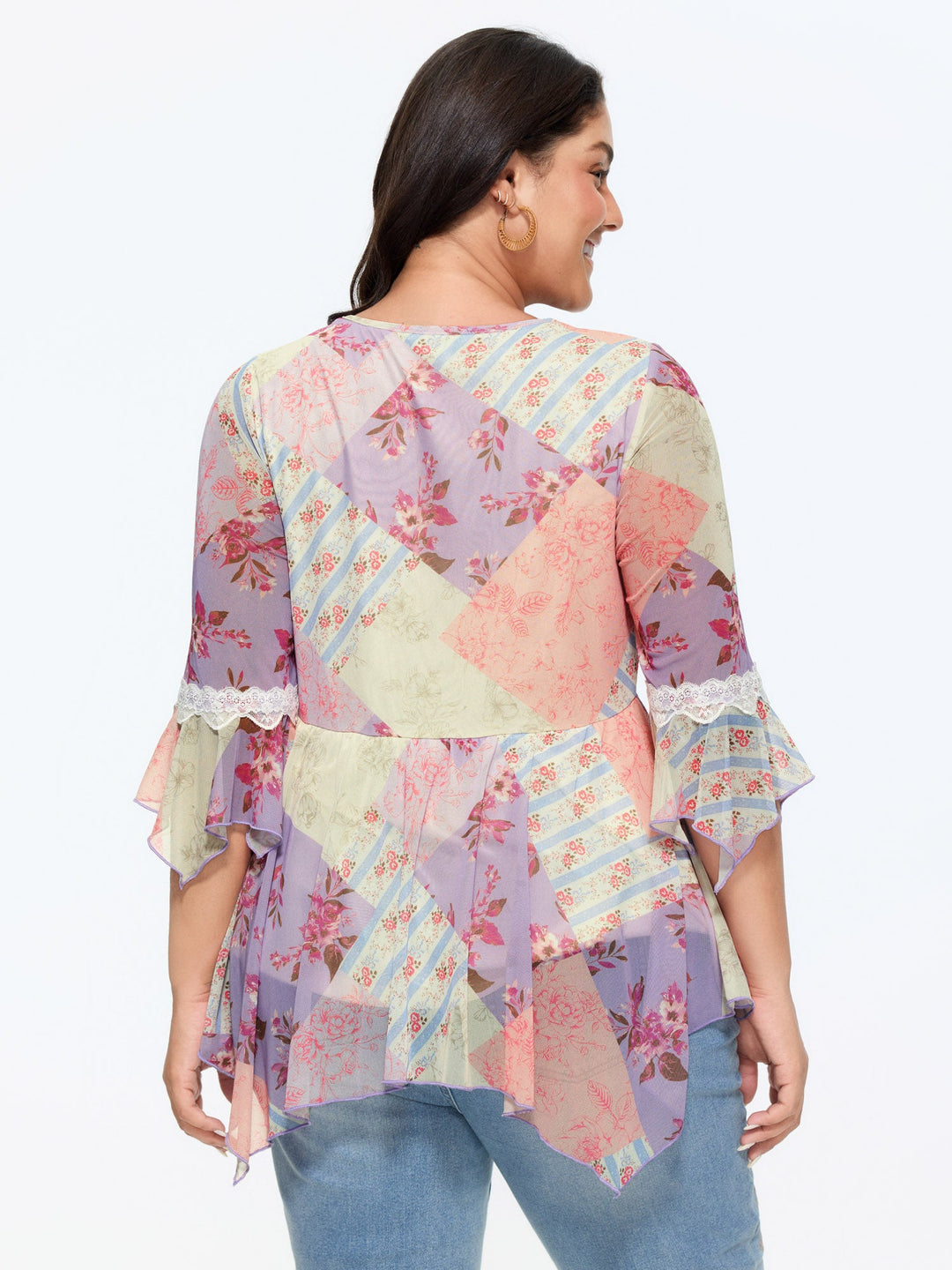 Floral Print Lace Asymmetrical Hem Blouse
