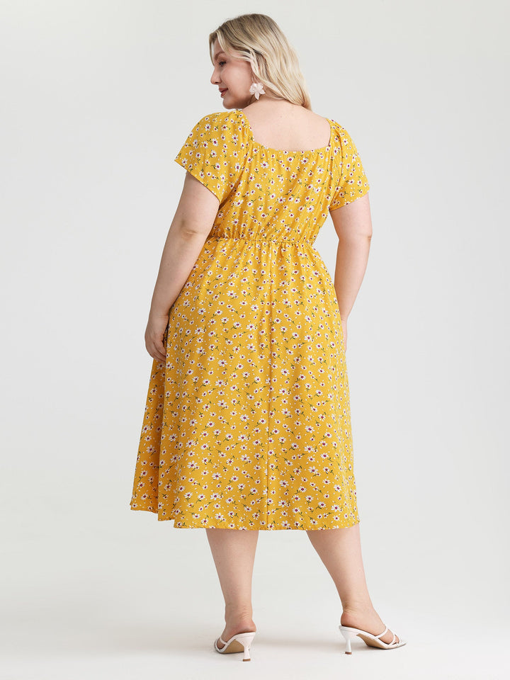 Knotted Front Daisy Floral Print Midi Dress