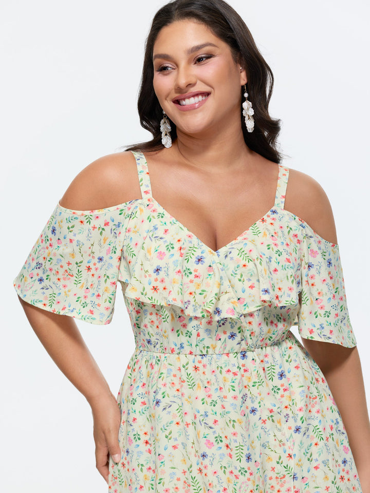 Ditsy Floral Pocket Wrap Cold Shoulder Ruffle Dress