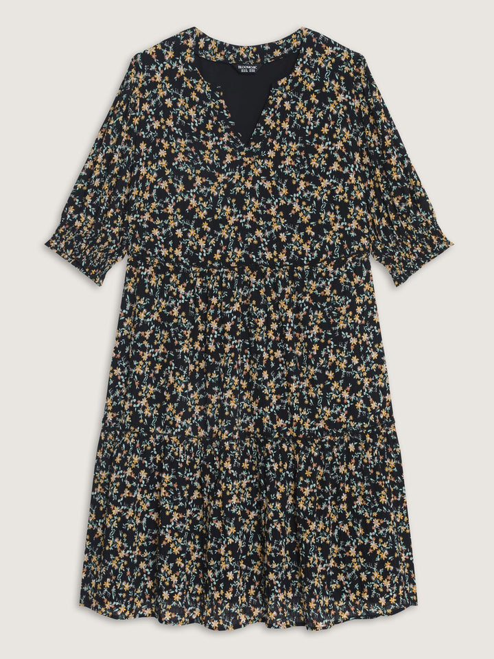 Micro Floral Print Shirred Cuff Mini Dress