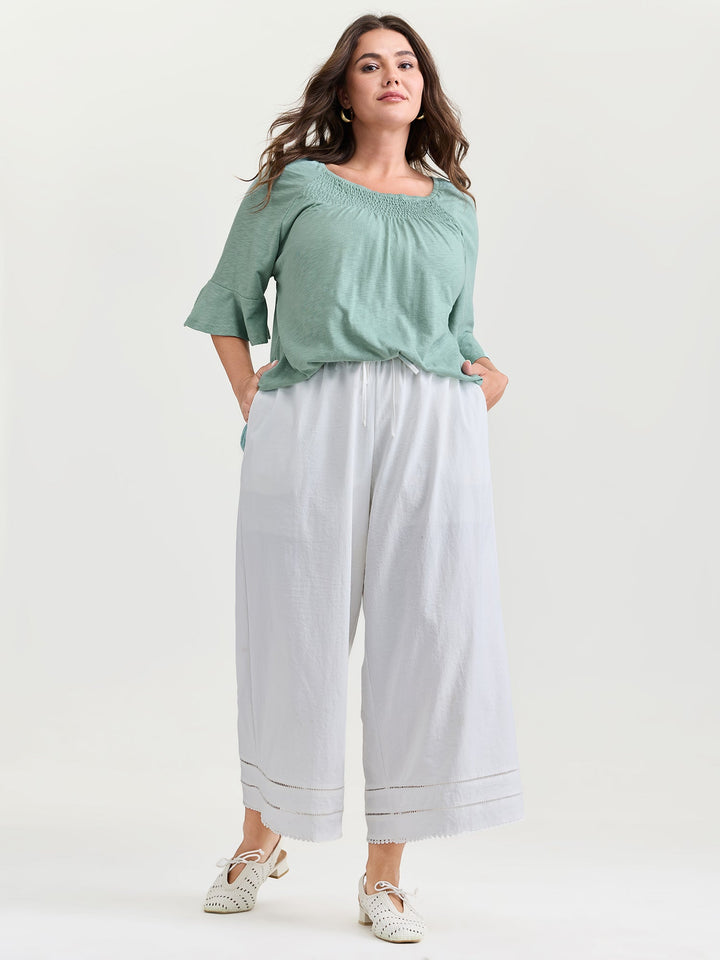 Ruffled Sleeve Shirred Neckline Plain Top