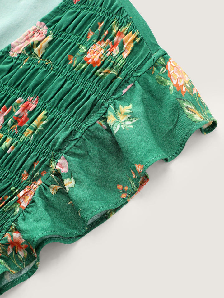 Floral Print Shirred Waist V-Neck Midi Dress