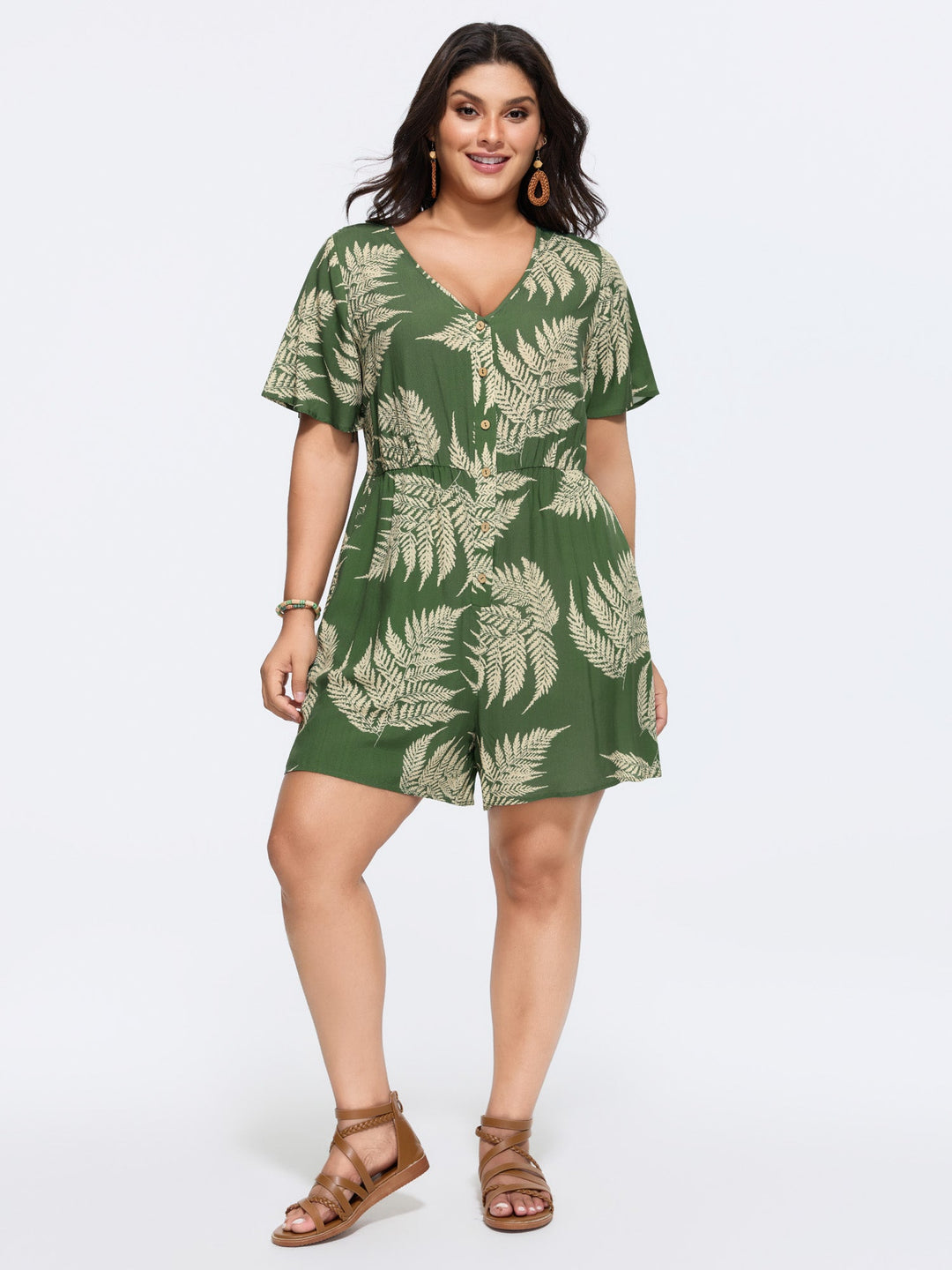 Tropical Leaf Print Pockets Button Romper